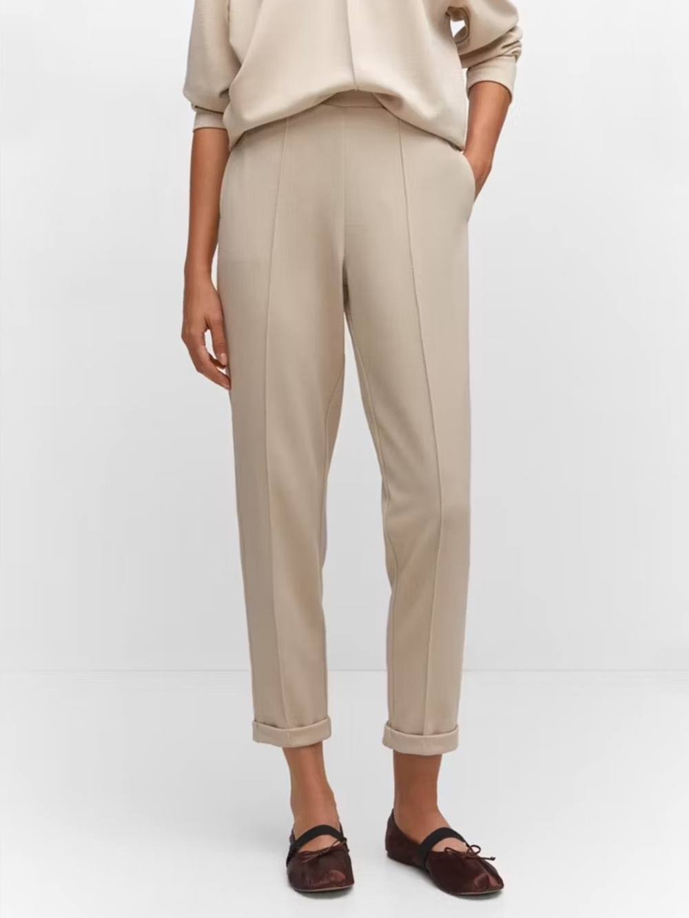 Mango Seam Detail Ankle Jogger Pants Beige Medium